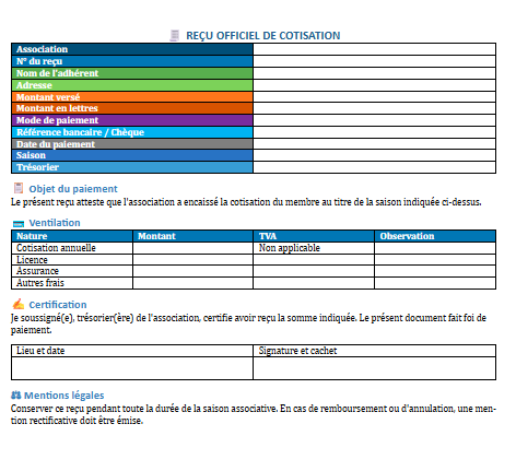 Modèle Word de reçu de cotisation d’association