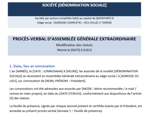 Procès-verbal modification des statuts de SAS : modèle Word