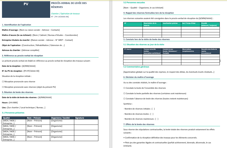 Proc s verbal De Lev e Des R serves De Chantier Mod le Word 