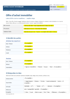 Modèle d’offre d’achat immobilier Word à télécharger + variantes + exemple (France)