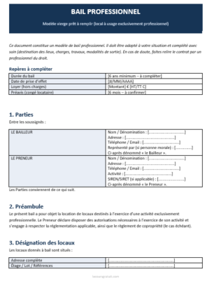 Modèle de Bail professionnel Word + promesse de bail prêt à remplir +Pack Documents essentiels
