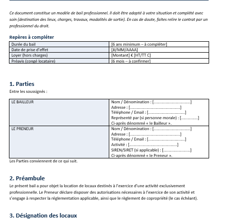 Modèle de Bail professionnel Word + promesse de bail prêt à remplir +Pack Documents essentiels