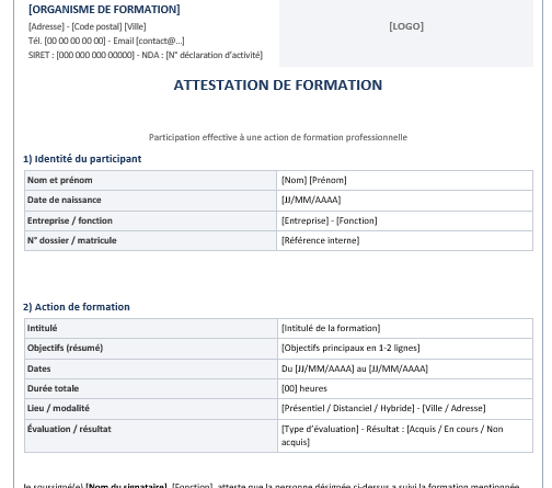 Attestation de formation imprimable : modèles Word