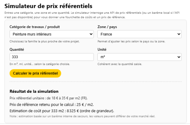 Simulateur de prix référentiels : plomberie, revêtements, peinture, électricité dans un logement