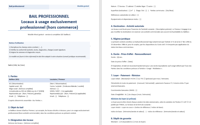 Bail professionnel SCI – modèle Word gratuit à télécharger et guide complet pour le remplir sans se tromper