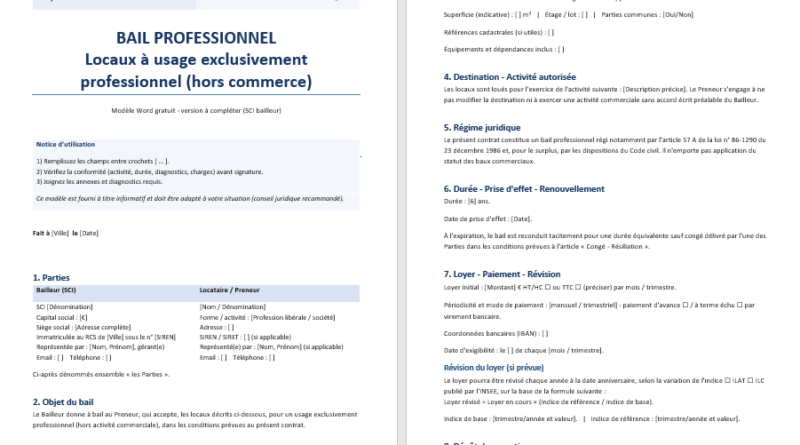Bail professionnel SCI – modèle Word gratuit à télécharger et guide complet pour le remplir sans se tromper