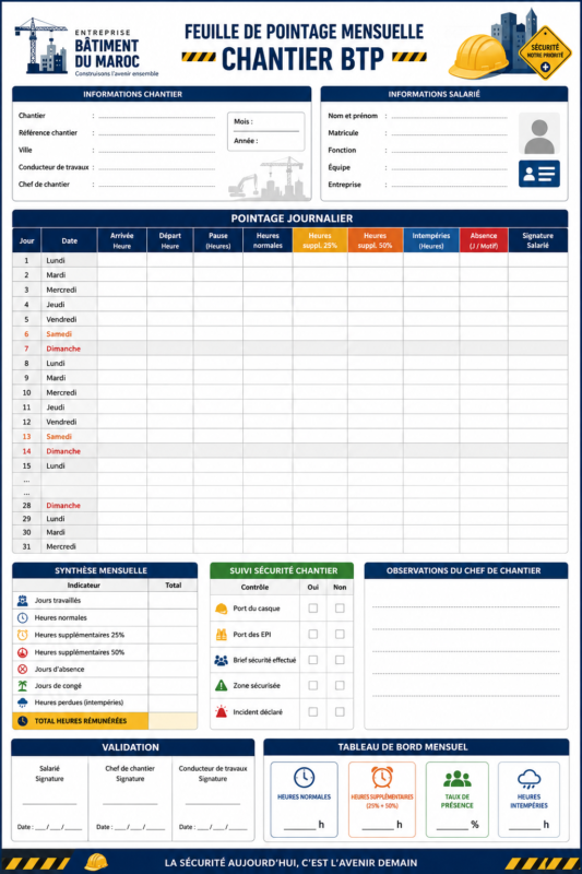 Feuille de Pointage Mensuelle Chantier BTP – Modèle Excel à Imprimer