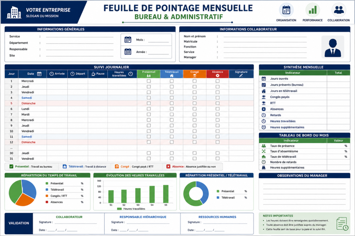 Feuille de Pointage Mensuelle Bureau & Administratif