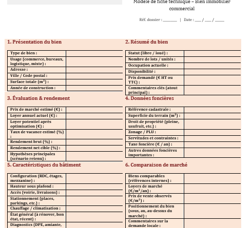 Modèle fiche technique bien immobilier ( Word et Excel)
