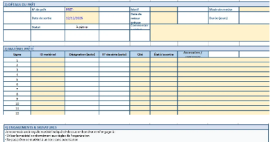 Formulaire de prêt de matériel en entreprise dans Excel + Inventaire - Mouvements - Dossiers