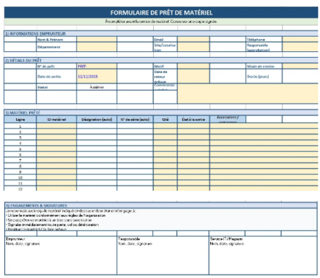 Formulaire de prêt de matériel en entreprise dans Excel + Inventaire - Mouvements - Dossiers