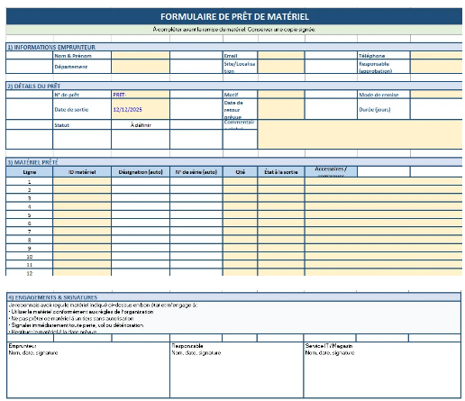 Formulaire de prêt de matériel en entreprise dans Excel + Inventaire - Mouvements - Dossiers