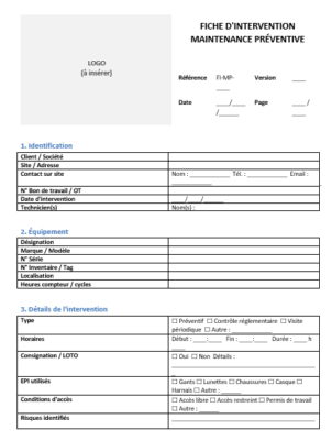 Fiche d’intervention de maintenance préventive : Modèle Word et Excel