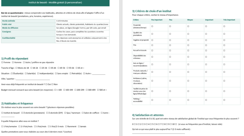 Modèle Word gratuit de Questionnaire d’étude de marché – Institut de beauté