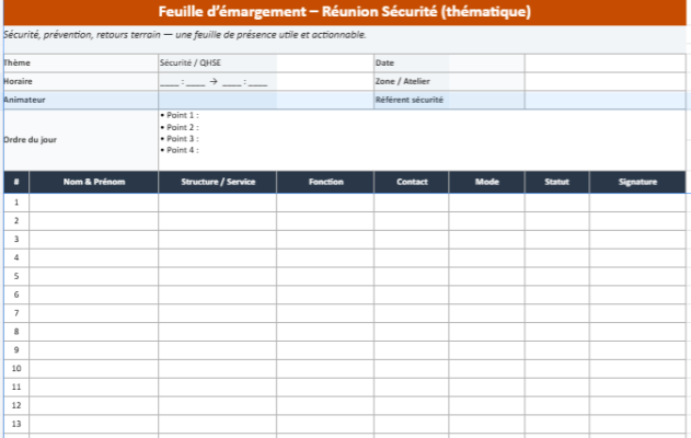 Feuille d’émargement de réunion sur Excel : modèles imprimables, thématiques et prêts à l’emploi