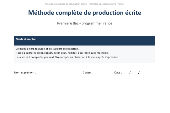 Méthode complète de production écrite en Première Bac : fiche Word d’aide à la rédaction