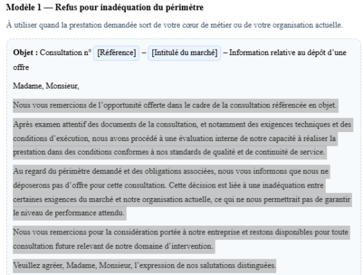 Modèle de réponse négative à un appel d’offre : exemple concret et formulation professionnelle