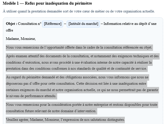 Modèle de réponse négative à un appel d’offre : exemple concret et formulation professionnelle
