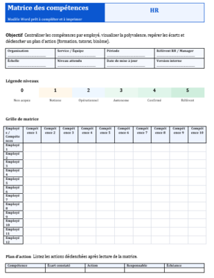 Matrice des compétences à remplir dans Word : outil simple, lisible et directement exploitable