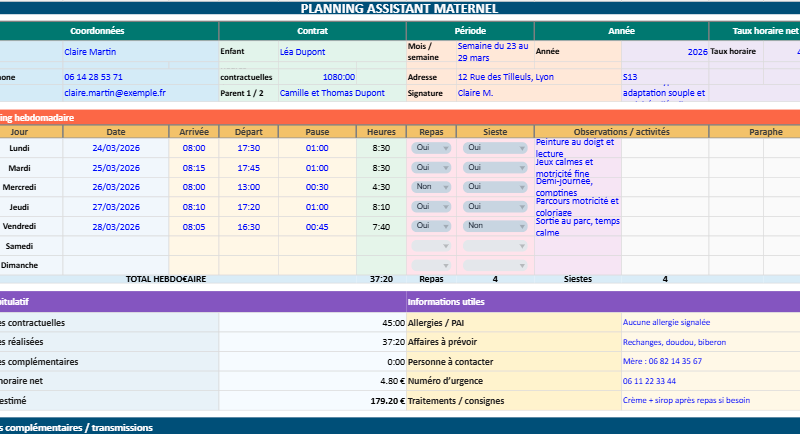Planning assistant maternel Excel + calcul de son salaire