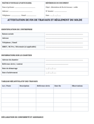 Télécharger un modèle Word Attestation de fin de travaux pour particulier