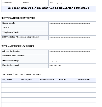 Télécharger un modèle Word Attestation de fin de travaux pour particulier