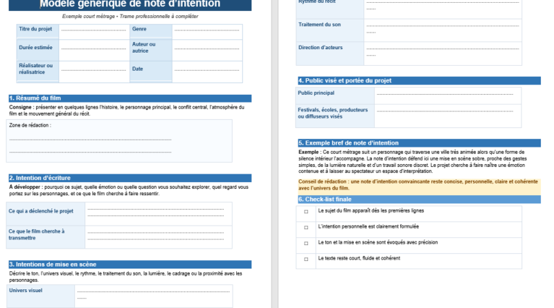 Note d’intention pour un court métrage modèle Word