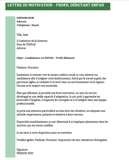 Modèle de lettre de motivation Agent de Service Hospitalier EHPAD prêt à remplir
