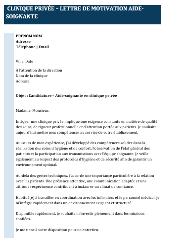 Modèle de lettre de motivation aide-soignante en clinique privée prêt à remplir
