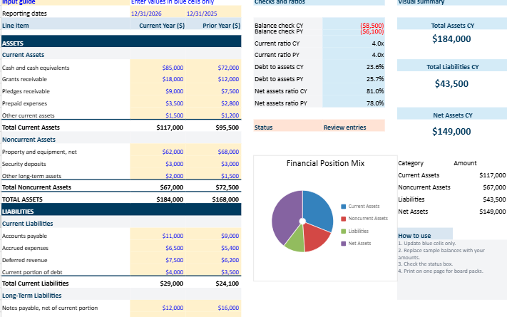 One-Page Nonprofit Balance Sheet in Excel