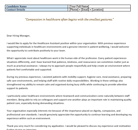 Healthcare Assistant Cover Letter in Word