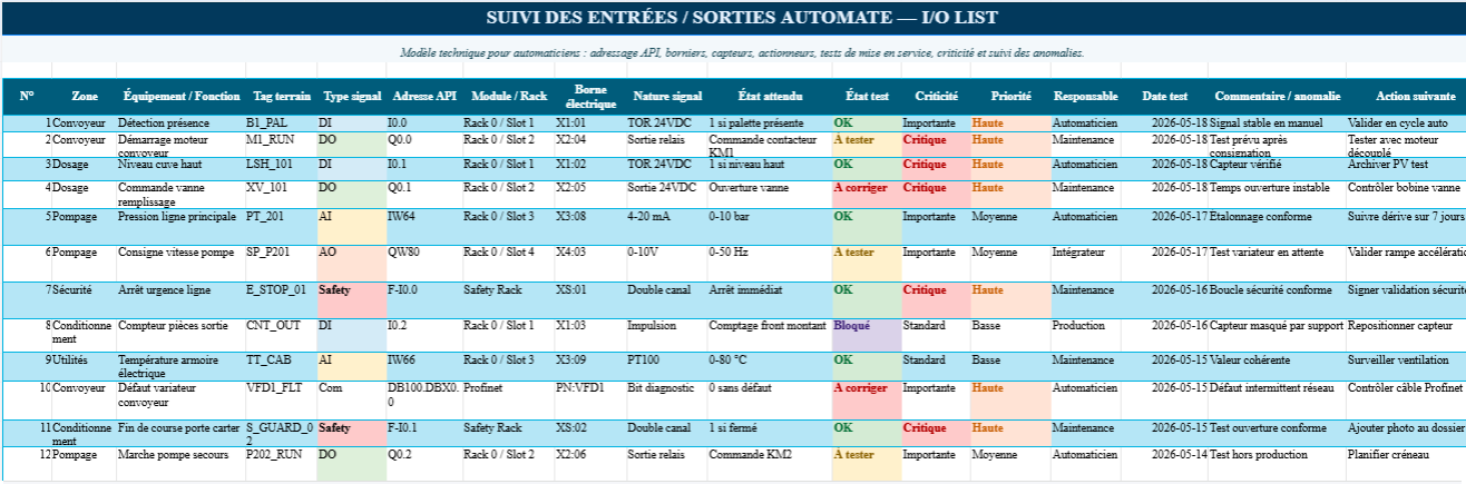 Téléchargez un modèle Excel professionnel de suivi des entrées/sorties automate (I/O List) pour centraliser les adresses API, capteurs, actionneurs, tests E/S, diagnostics techniques et suivi des équipements automatisés industriels.