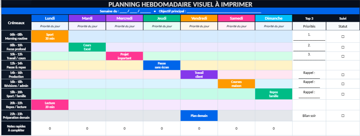 Planning Hebdomadaire Excel à Imprimer : Un Outil Simple pour Organiser Efficacement sa Semaine