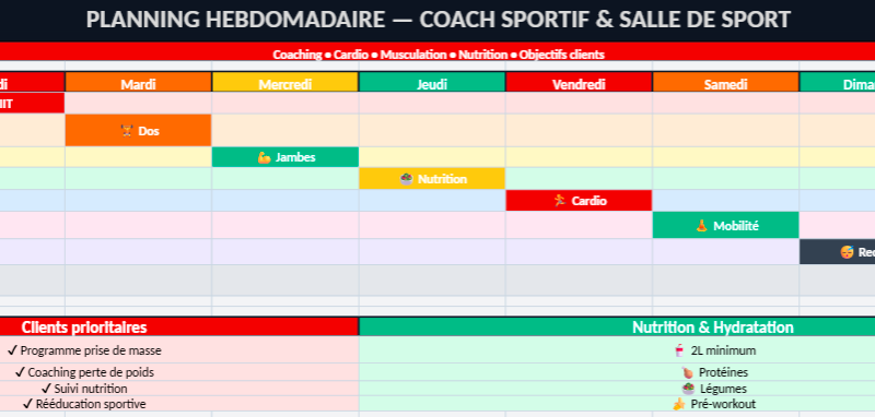 Planning Hebdomadaire Excel pour Salle de Sport