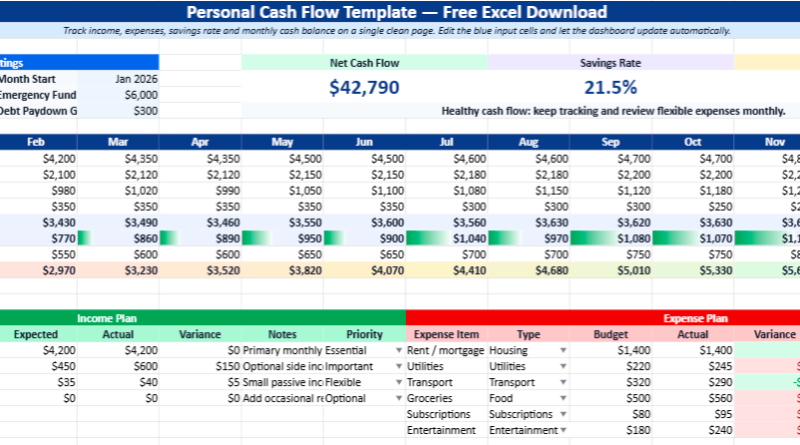 Personal Cash Flow Template in Excel