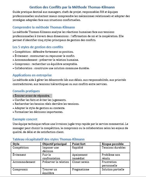 Gestion des Conflits par la Méthode Thomas-Kilmann