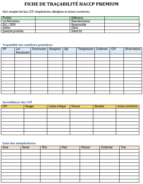 Fiche de Traçabilité HACCP dans Word