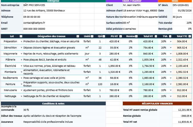 Modèle de Devis Bâtiment Excel