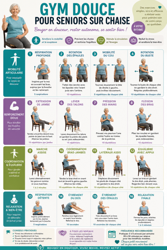 Gym douce pour seniors sur chaise : exercices et programme quotidien
