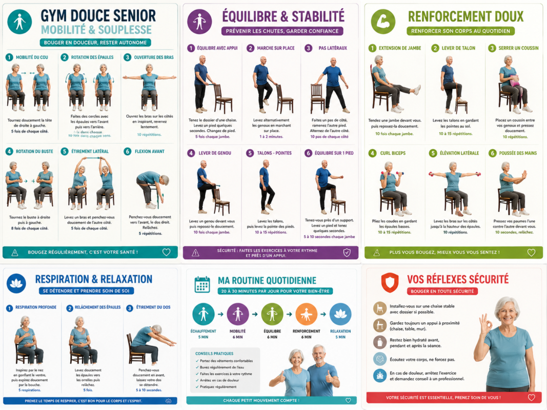 Affiches PCG Gym Douce Senior conçues pour les gestes du quotidien