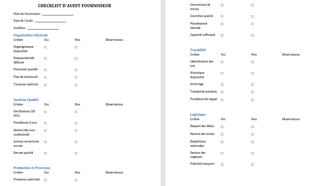 Checklist d'Audit Fournisseur