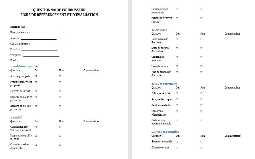 Questionnaire Audit Fournisseur – Fiche de Référencement et d'Évaluation