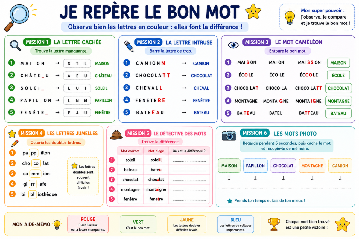 Fiche Dyslexie : Je repère le bon mot | Guide simple pour les parents