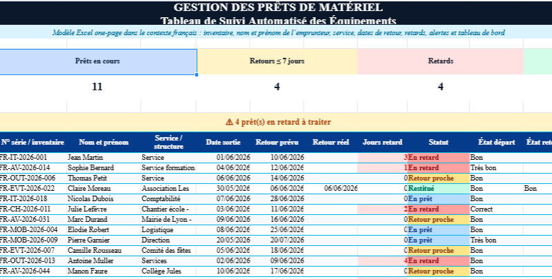 Gestion Prêt de Matériel Excel : Modèle de Suivi des Prêts