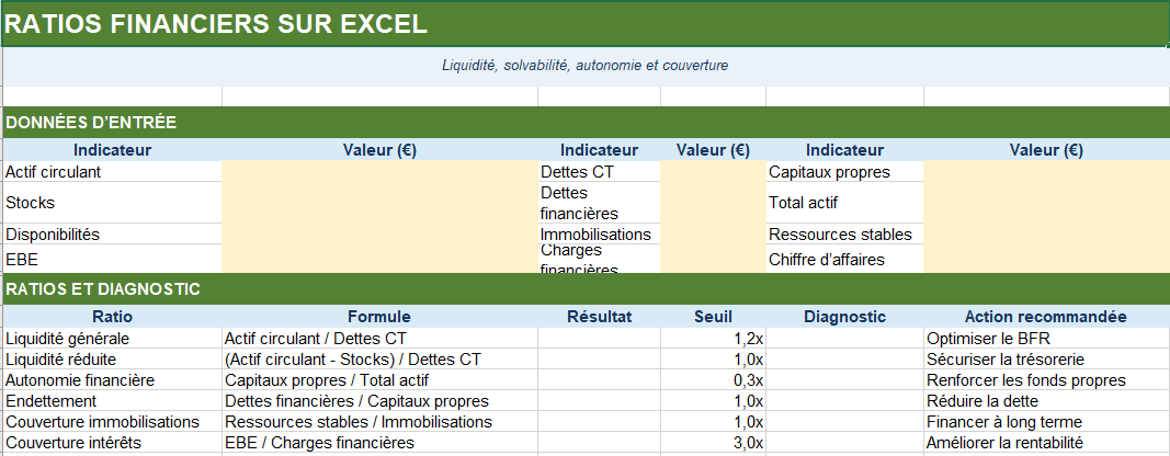 RATIOS FINANCIERS SUR EXCEL