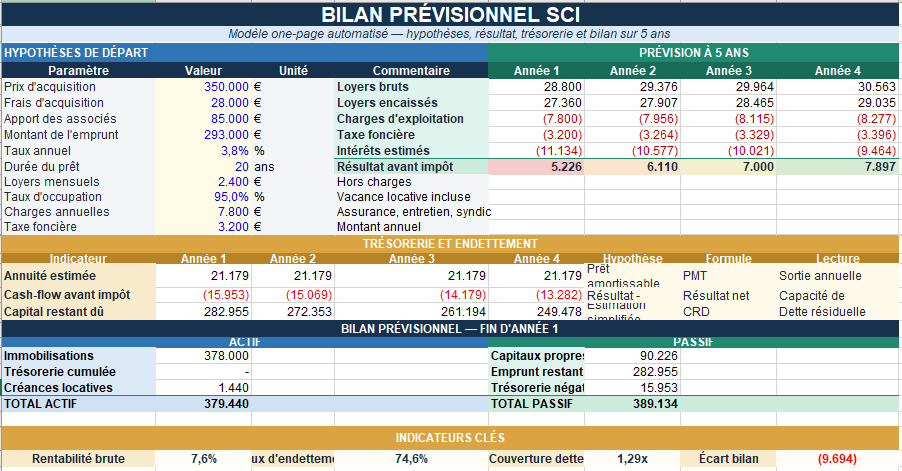 📊 Bilan prévisionnel SCI Excel automatisé

