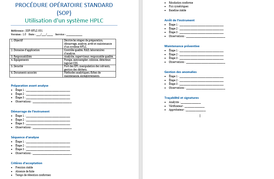 Modèle Word SOP HPLC professionnel à personnaliser