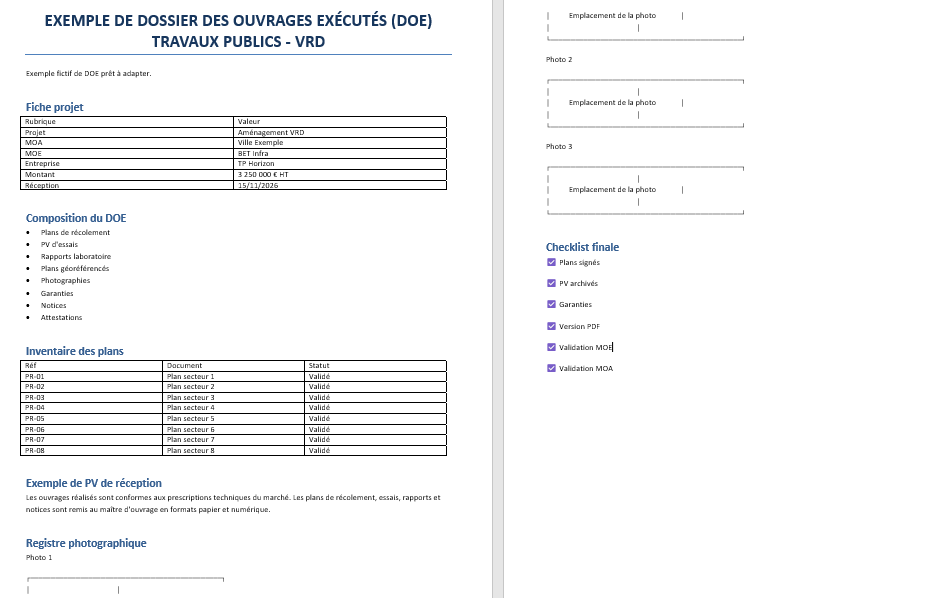 Exemple de dossier des ouvrages exécutés pour travaux publics
