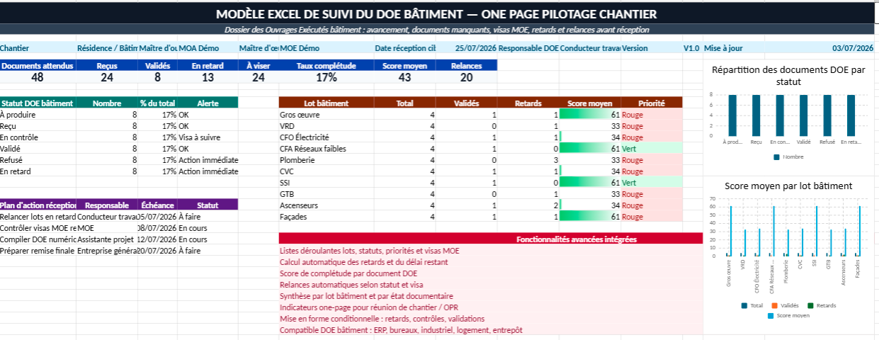 Modèle Excel DOE bâtiment : tableau de suivi complet pour vos dossiers de fin de chantier