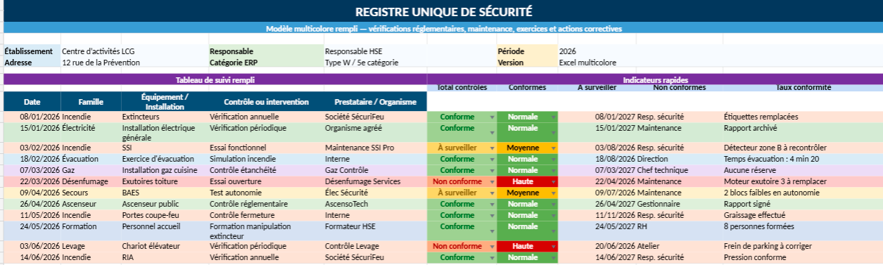 Modèle Excel registre unique de sécurité automatisé
